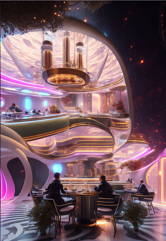 Futuristic neon-lit bar with organic architecture & starry sky view