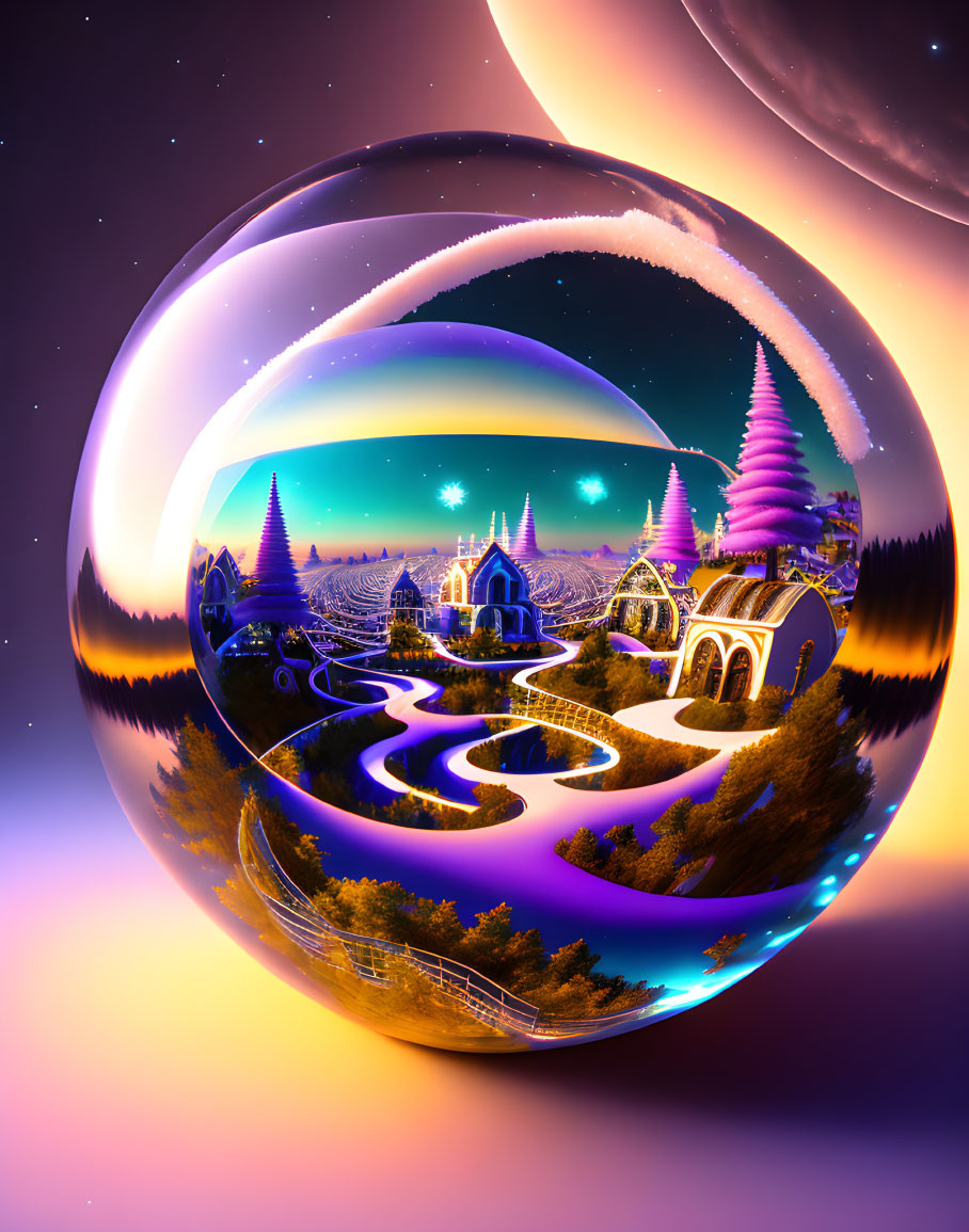 Vibrant dreamlike landscape in crystal ball