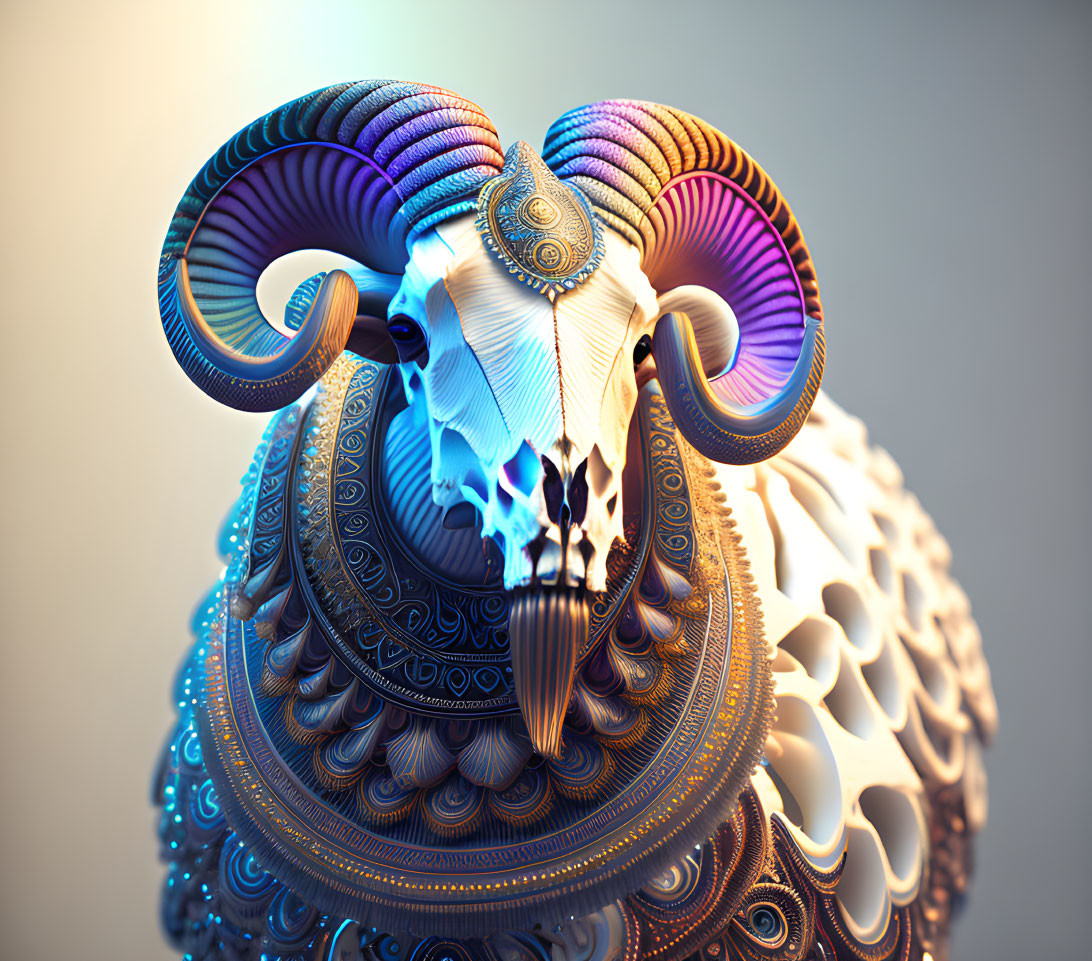 Colorful digital artwork: Intricate ram's head with feather-like textures