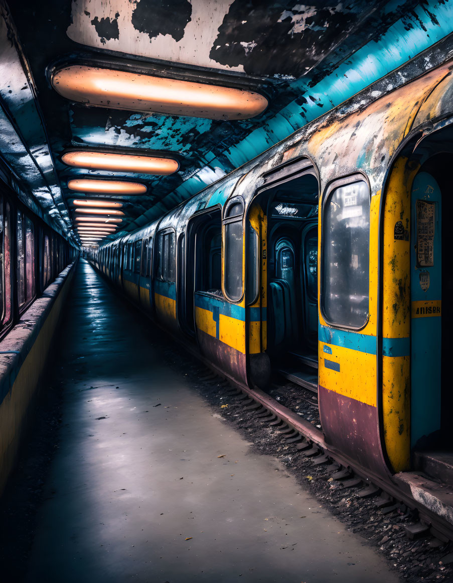 Abandoned subway train with graffiti in dimly lit underground station