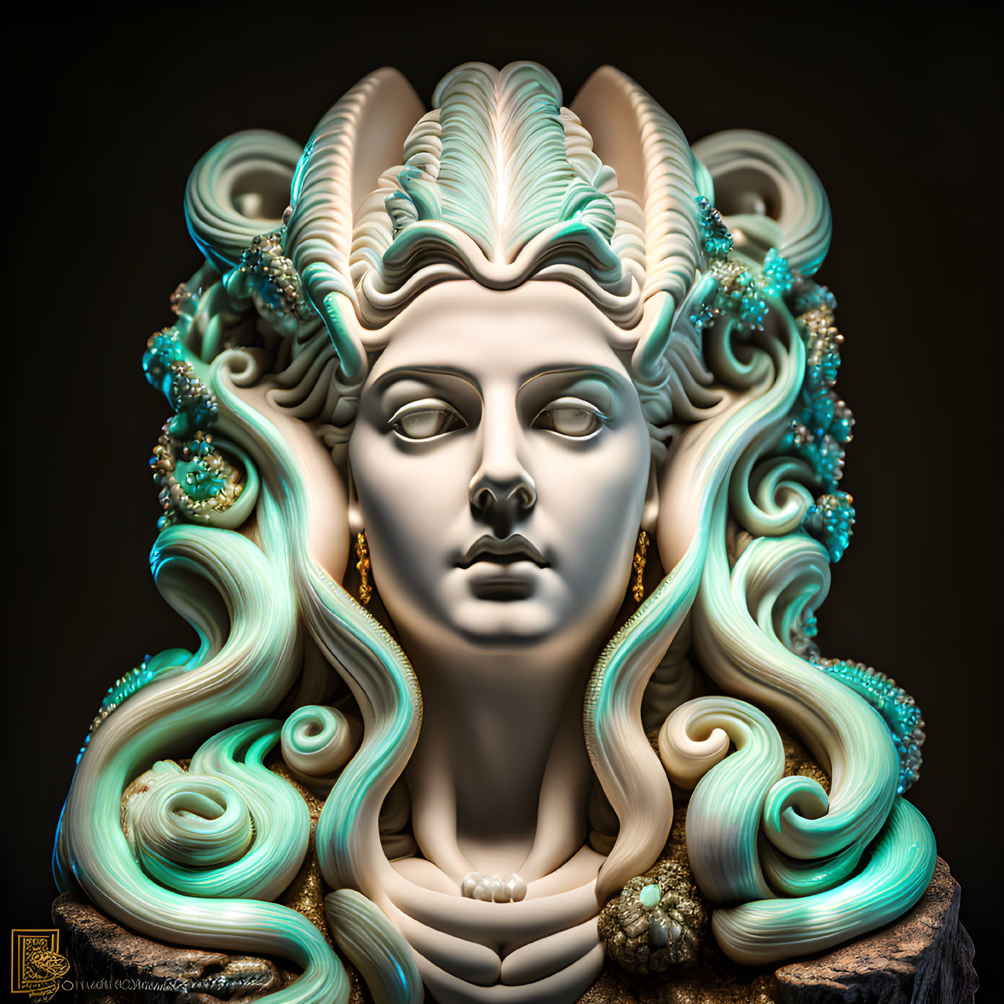 Detailed sculpture of woman's head with aqua and cream colors