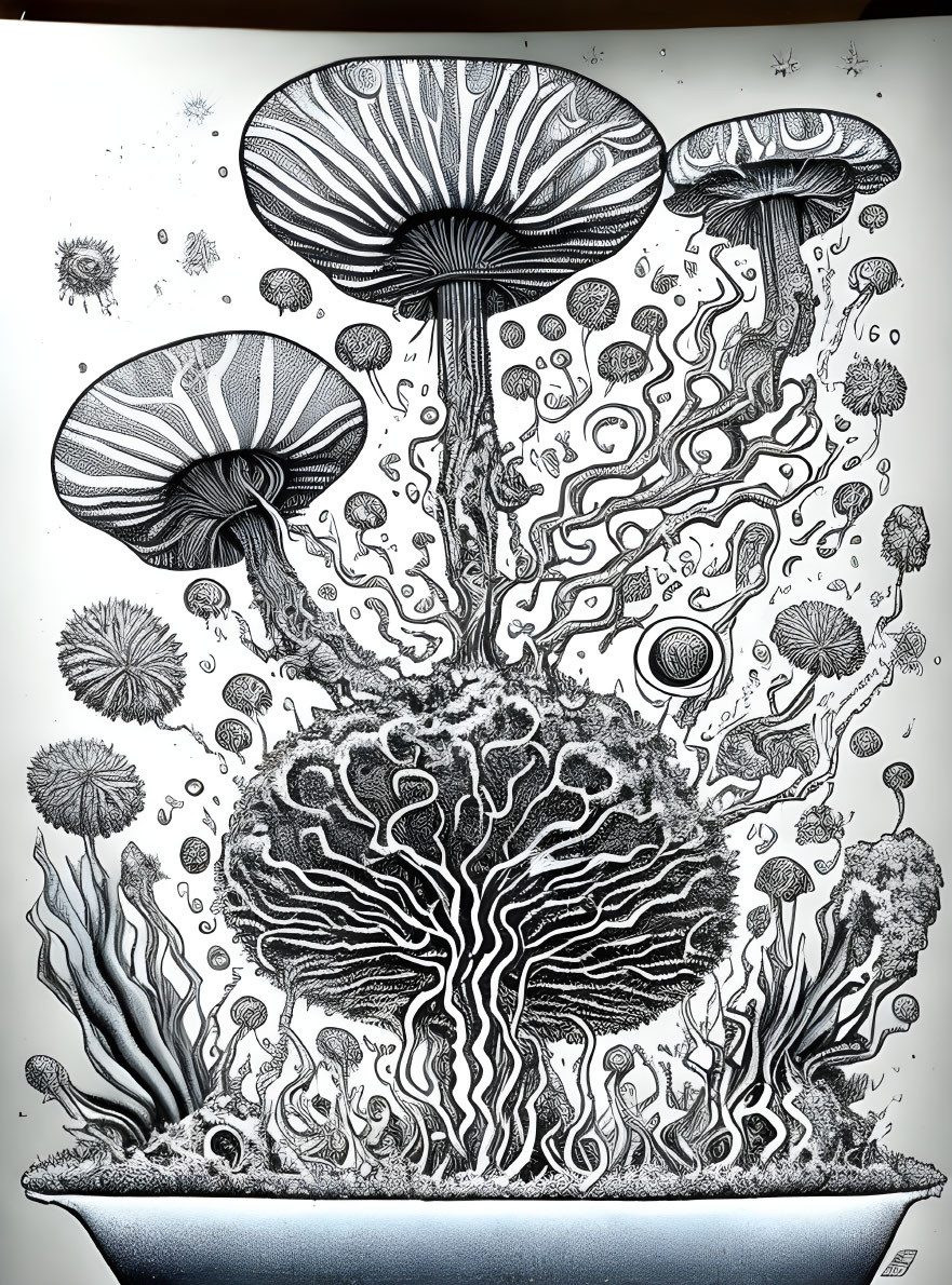 Detailed Monochrome Illustration of Fantastical Underwater Scene