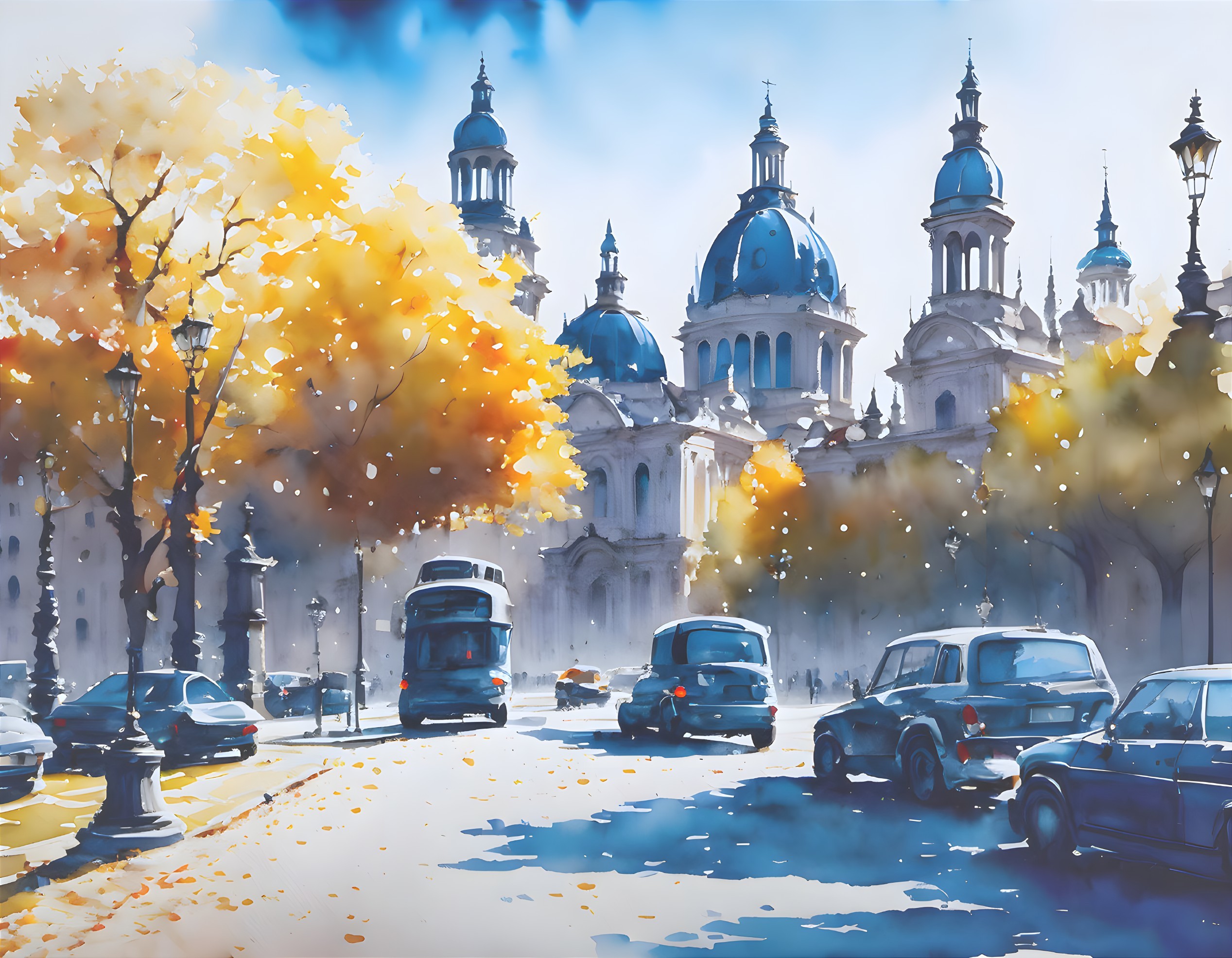 Colorful watercolor painting of autumn city street with vehicles and domed buildings