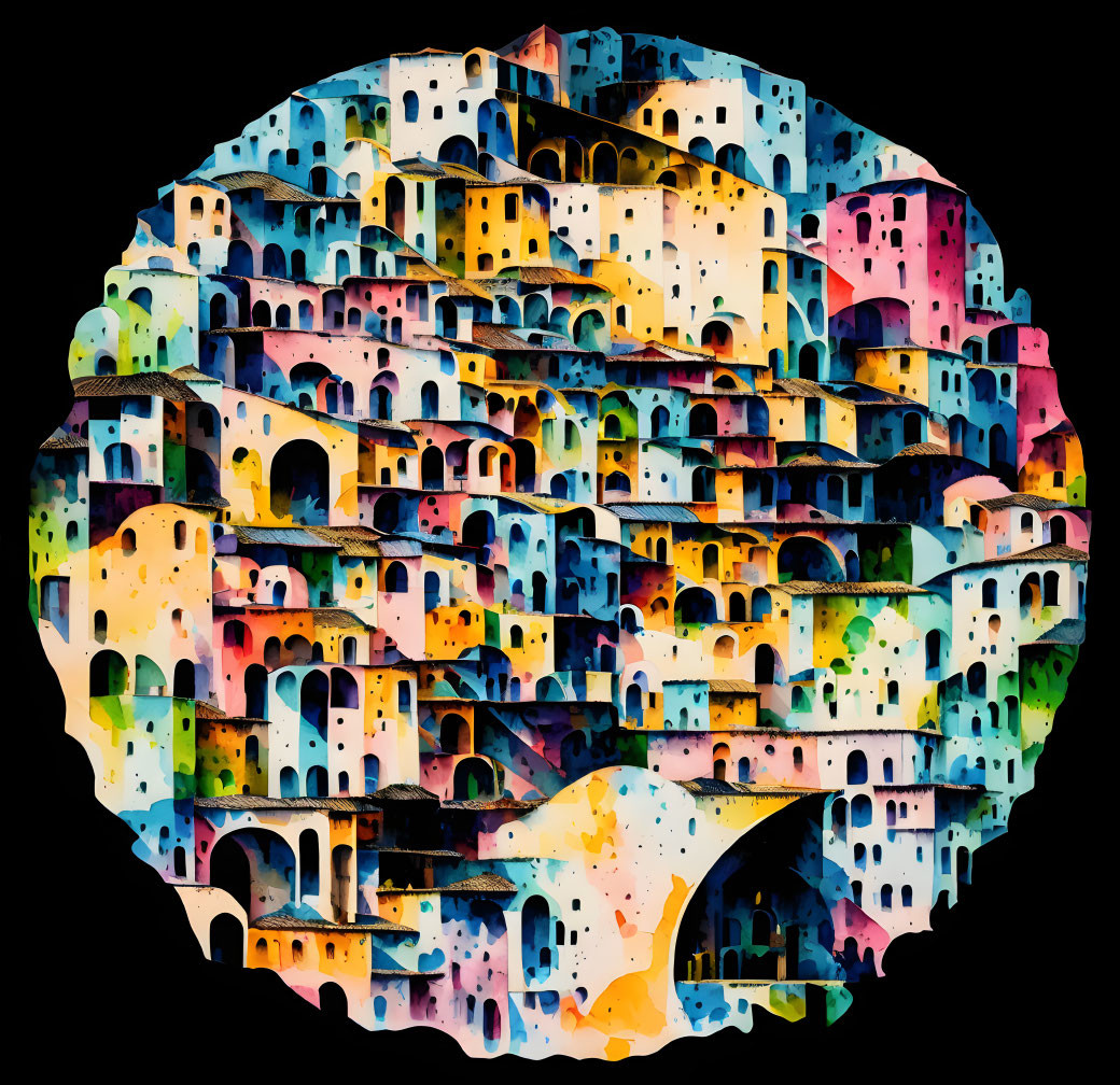 Colorful Watercolor Style Houses on Black Background