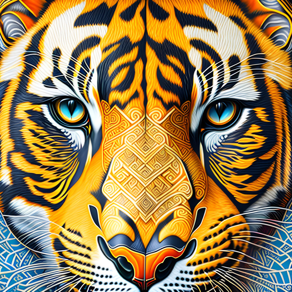 Colorful Digital Artwork Featuring Tiger's Face in Intricate Patterns