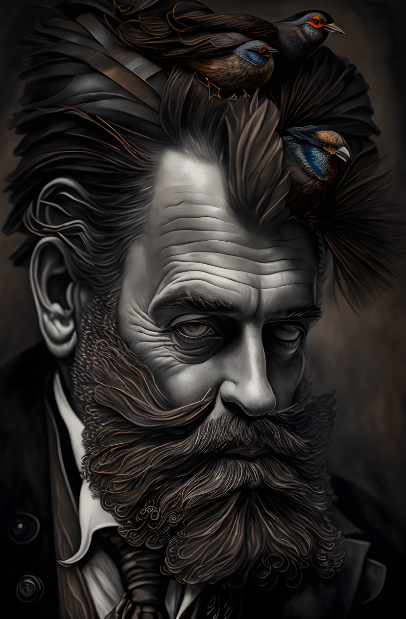 Detailed portrait of man with large beard and birds in hair