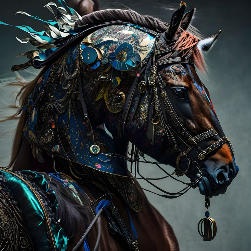 Elaborately decorated horse with intricate bridle and feathers on dark backdrop