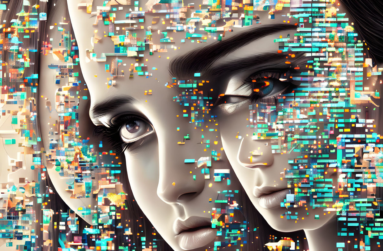 Abstract digital artwork of woman's face with disintegrating skin.