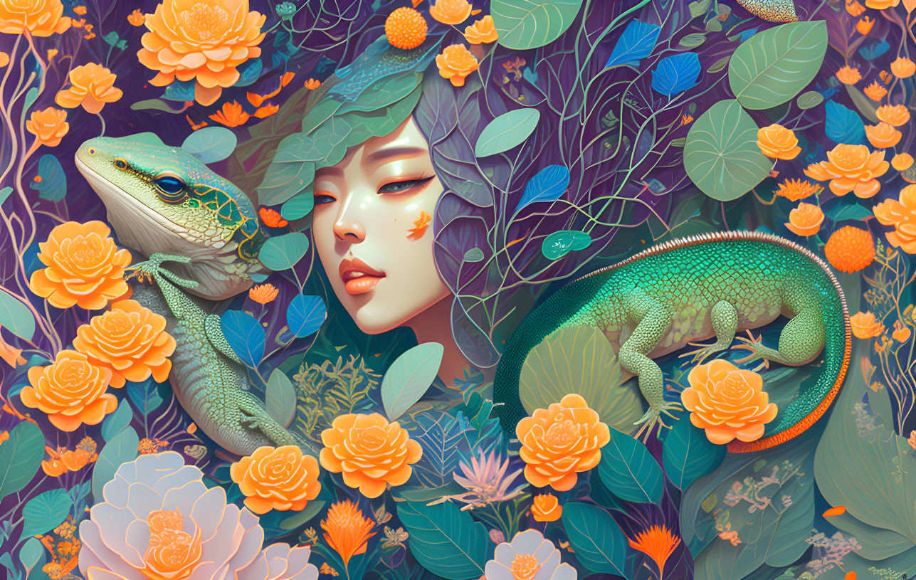 Vibrant Woman with Iguana in Floral Setting