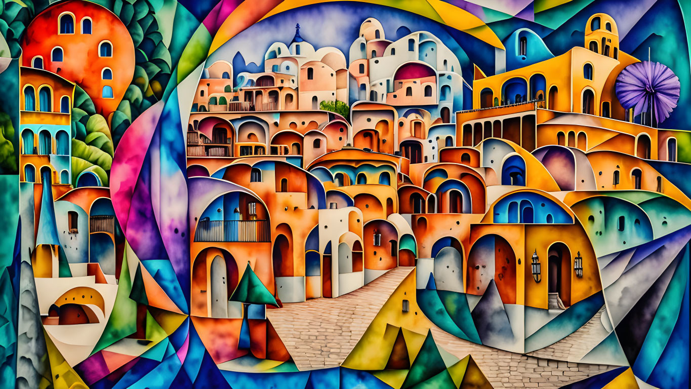 Vibrant painting of whimsical village with colorful, curvy buildings