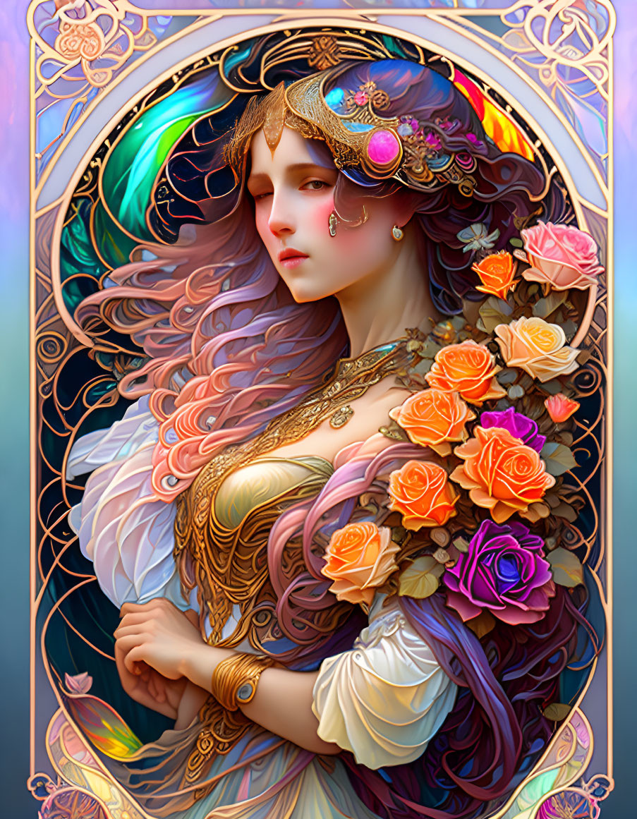 Detailed Illustration of Woman with Floral & Jeweled Headpiece