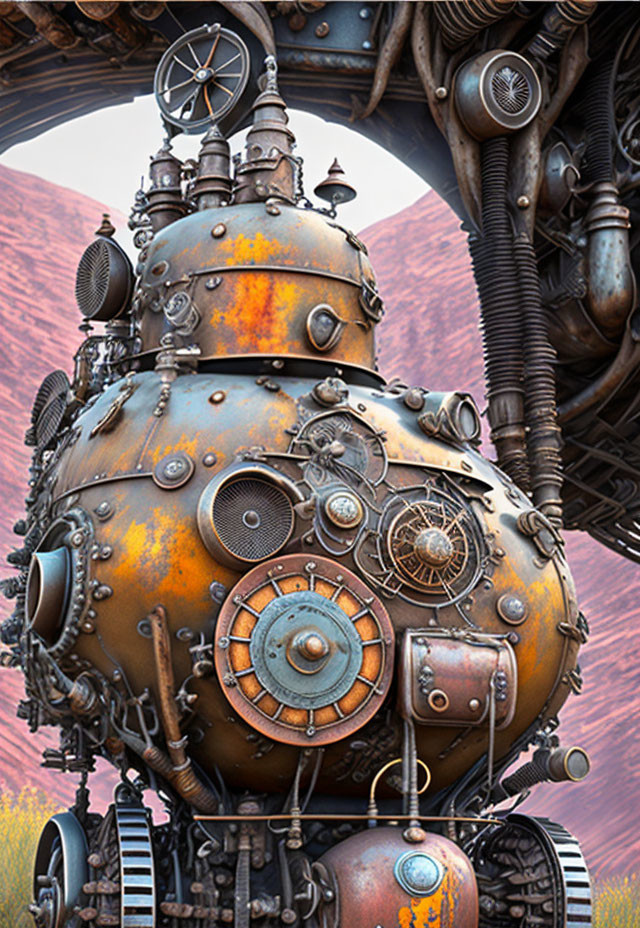 Steampunk-style spherical structure with gears, pipes, and aged metal textures against arches and h