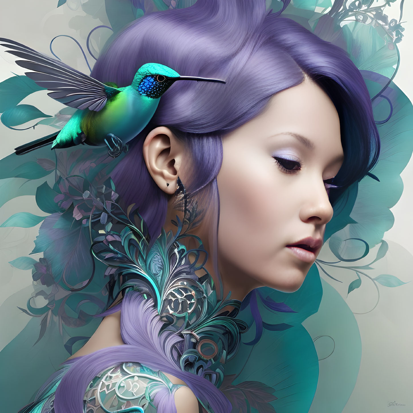 Digital artwork: Woman with purple hair, feathers, hummingbird, intricate patterns in cool tones