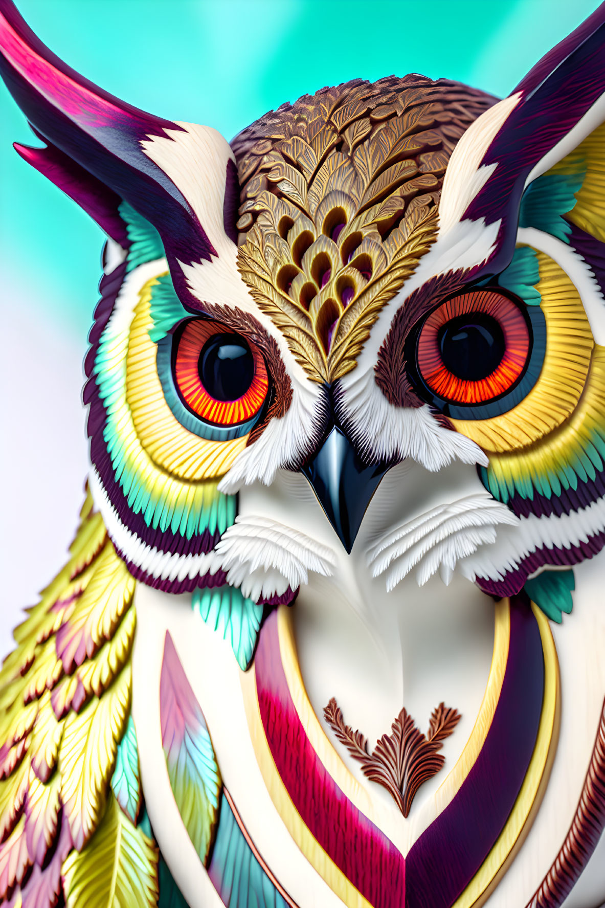 Colorful Stylized Owl Illustration with Vibrant Feathers & Orange Eyes