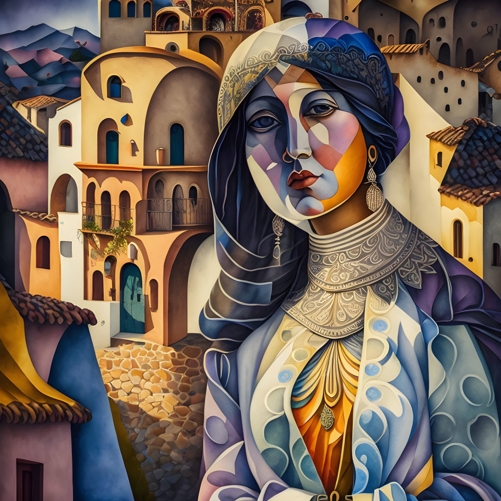 Cubist-style painting of woman in traditional attire with headscarf and stylized buildings.