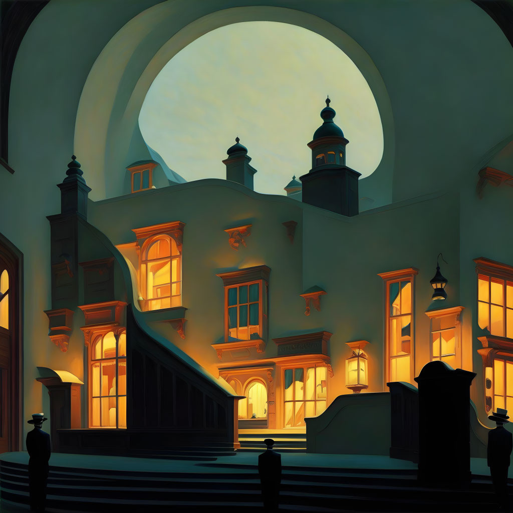 Surreal street scene at dusk with baroque-style buildings and glowing windows