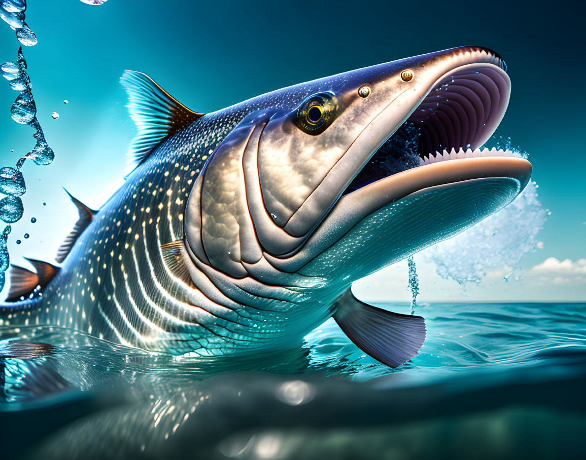 Detailed Illustration of Large Fish with Shiny Scales and Gills in Water against Blue Sky