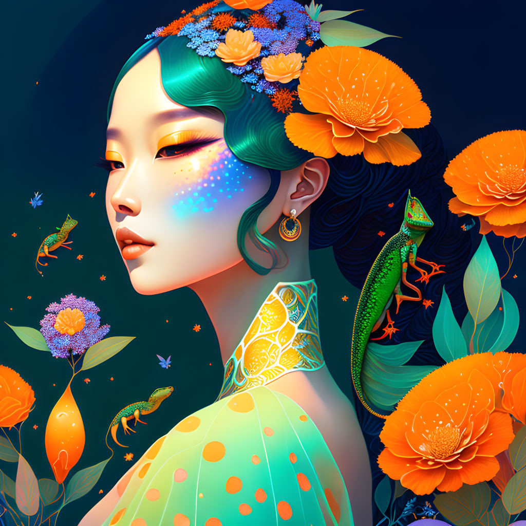 Woman with Green Hair and Orange Flowers, Lizard, and Floral Elements on Dark Background