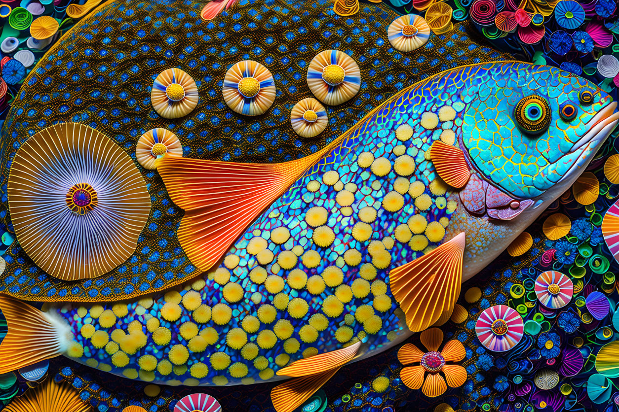 Vibrant Fish Artwork with Mosaic-Like Patterns