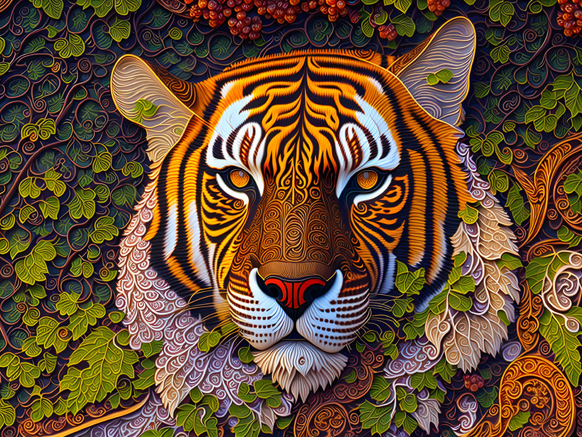 Colorful Tiger Face Illustration with Intricate Patterns and Foliage Background