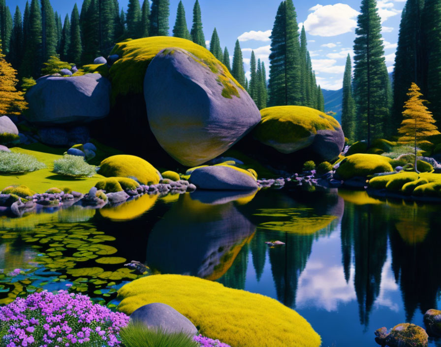 Tranquil moss-covered rocks by reflective lake with lily pads