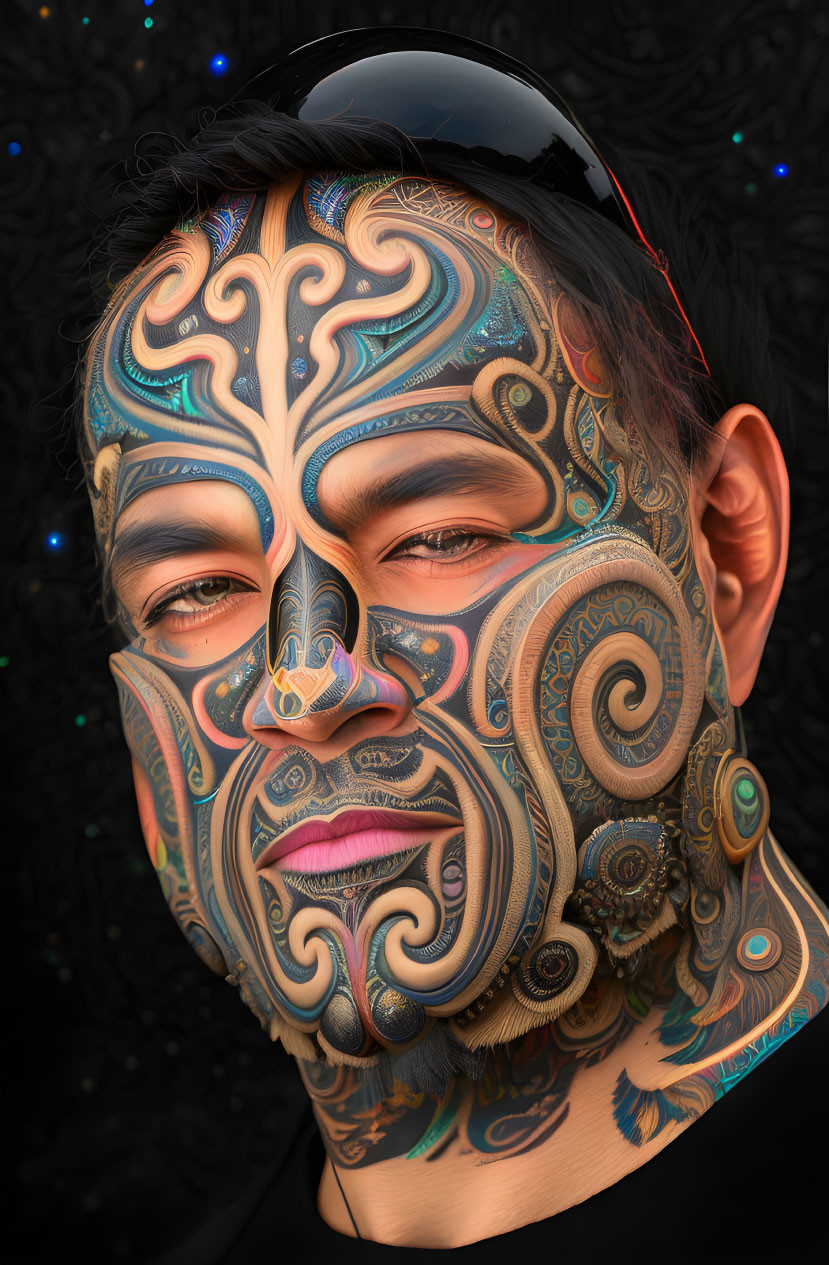 Colorful Tribal Facial Paint Against Dark Background