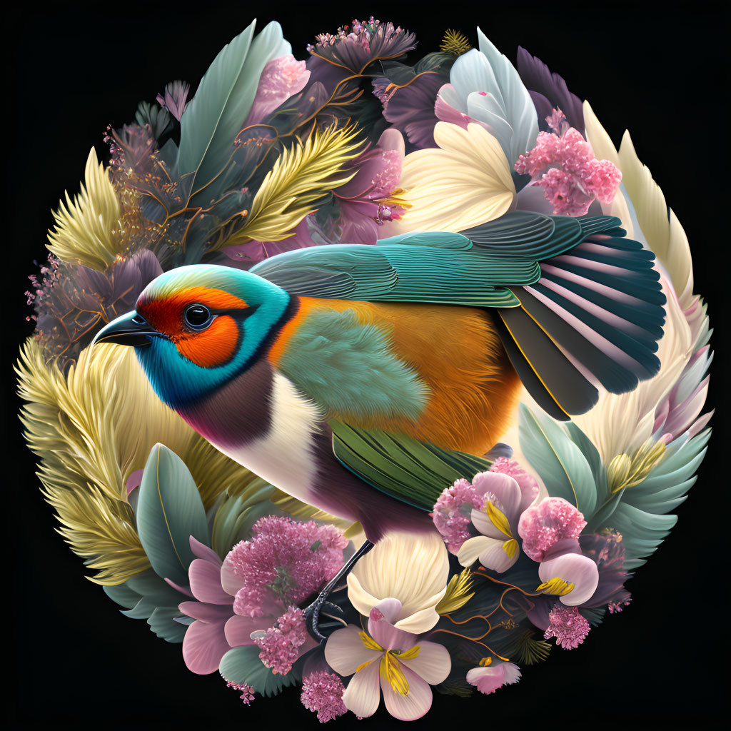 Colorful bird surrounded by pink flowers and greenery on dark background