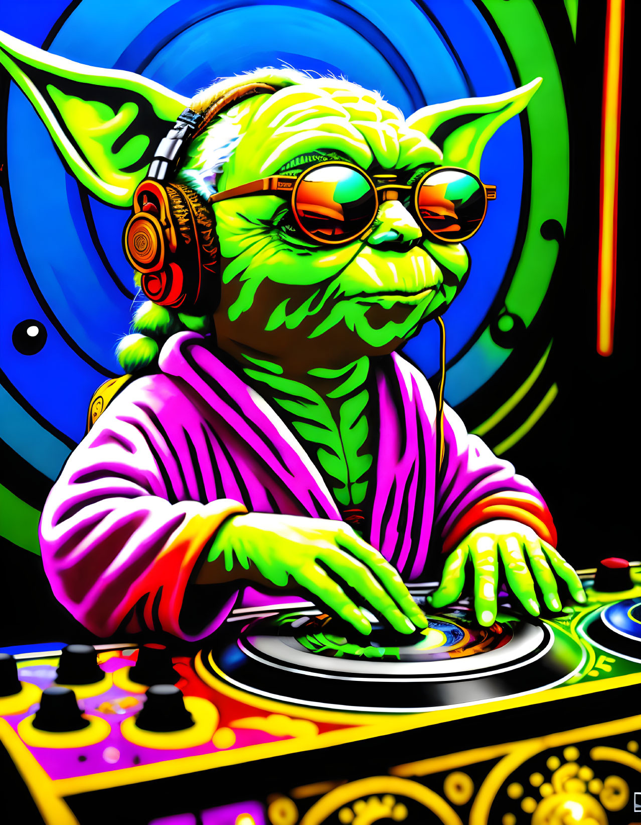 Character resembling Yoda as a DJ mixing tracks with headphones and sunglasses