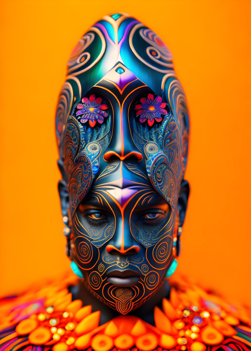 Colorful digital art portrait with intricate patterns and floral designs on orange background