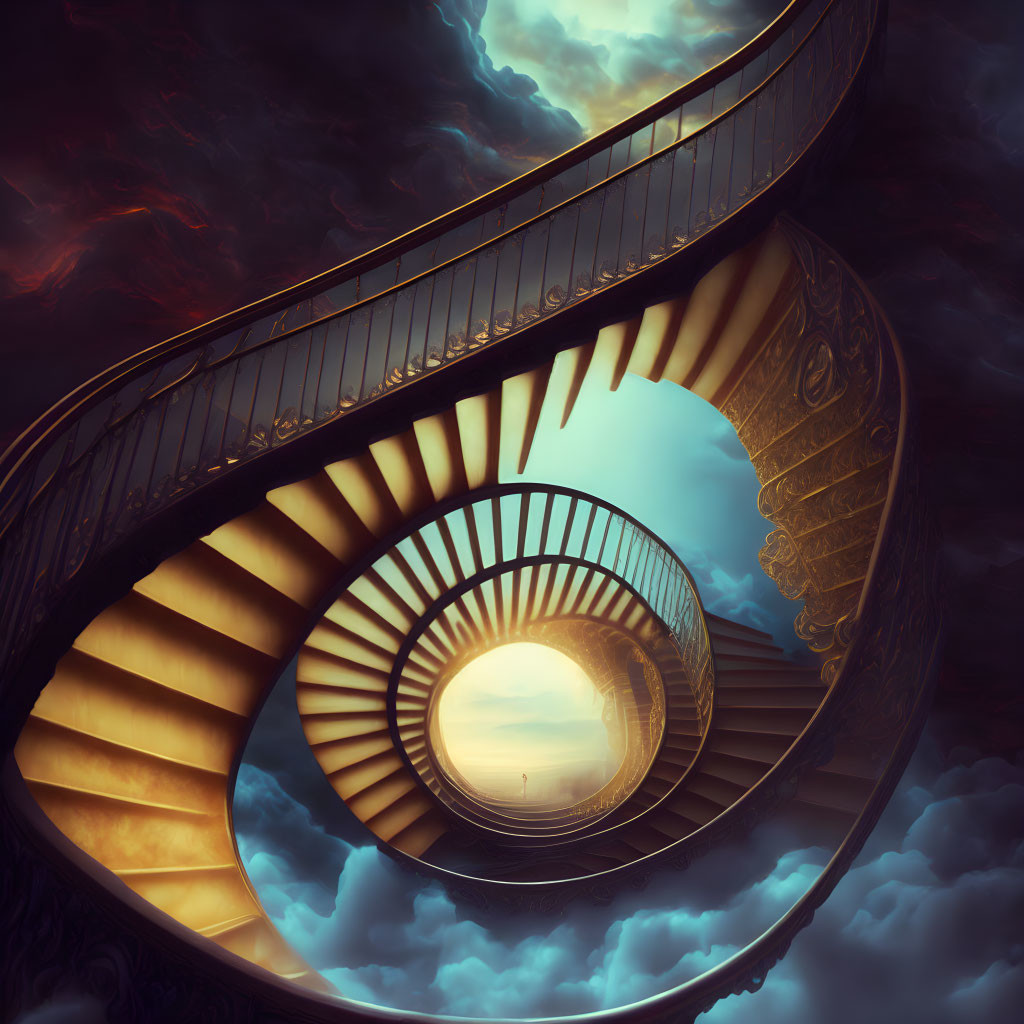 Surreal spiral staircase ascending to sunlit portal amid dramatic sky