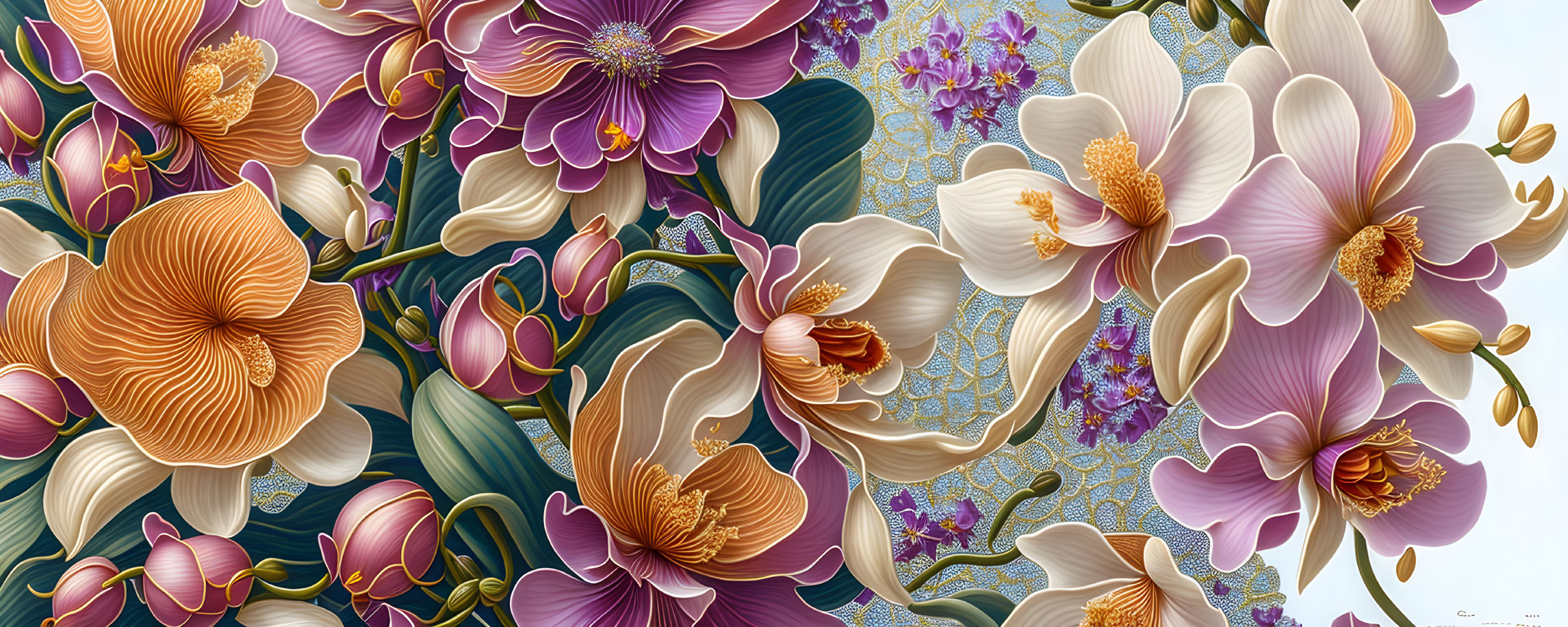 Colorful digital artwork: Detailed flowers in pink, orange, and cream on textured background