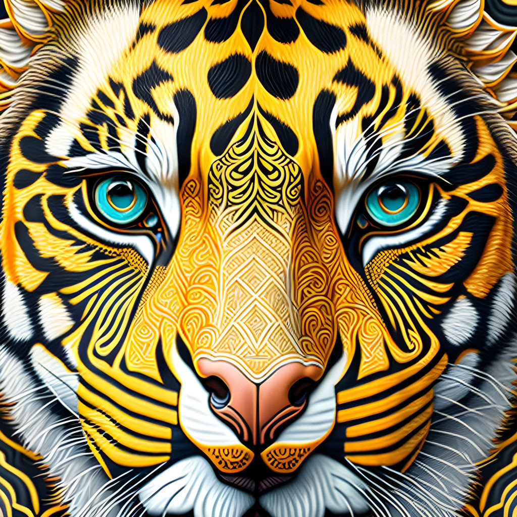 Detailed Tiger Face Artwork with Striking Blue Eyes and Intricate Patterns