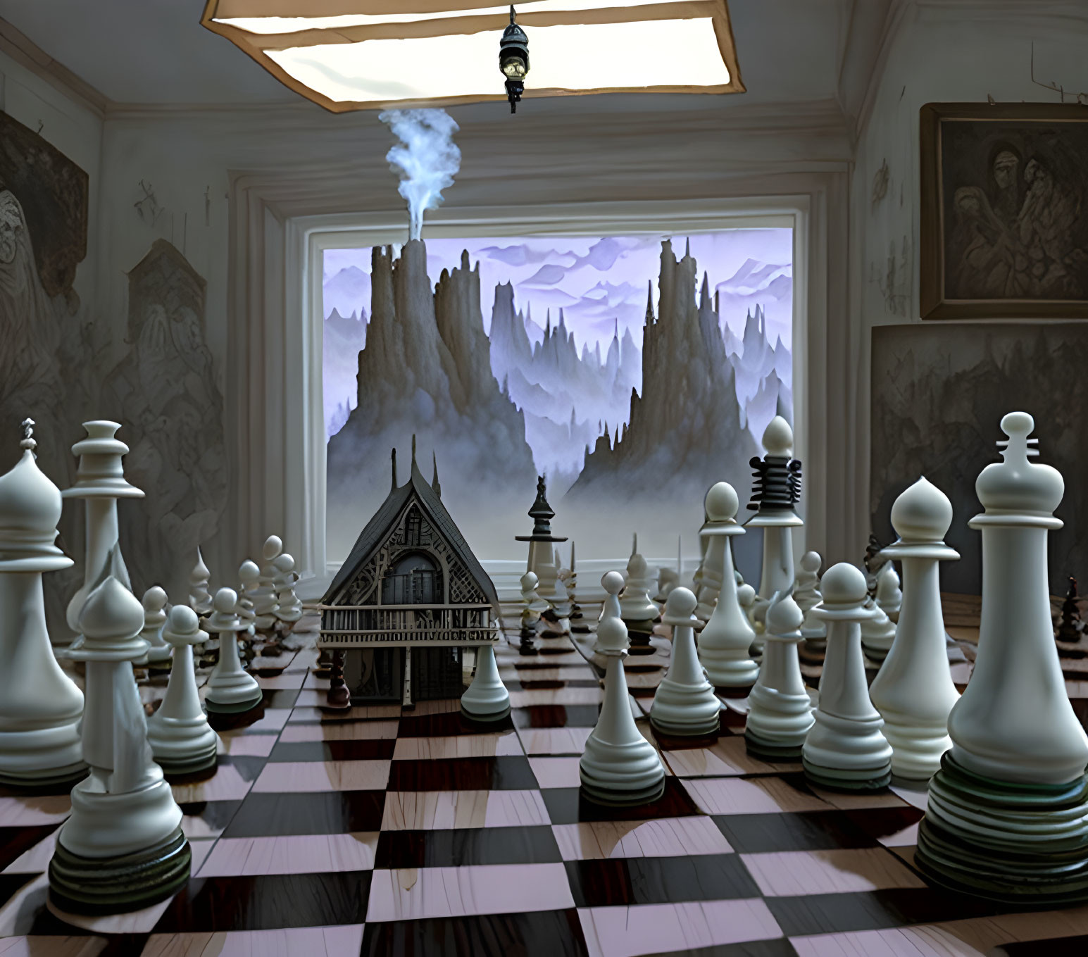 Surreal chessboard room with oversized pieces and gothic architecture