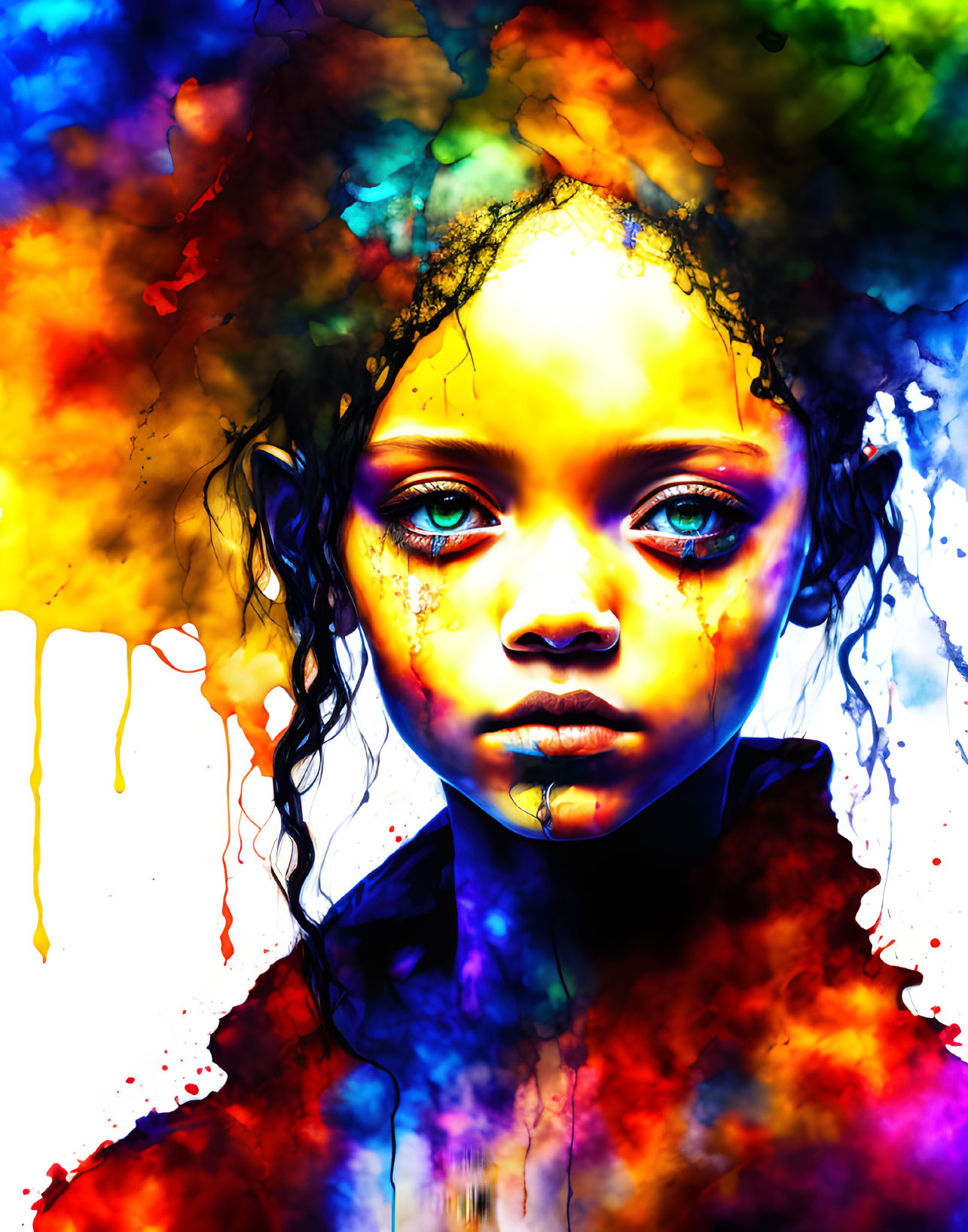 Portrait of a Young Girl with Colorful Paint Splashes