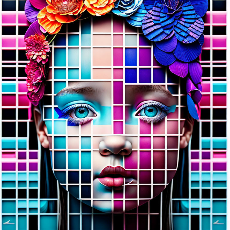 Vibrant digital artwork: girl's face with grid lines and floral decorations