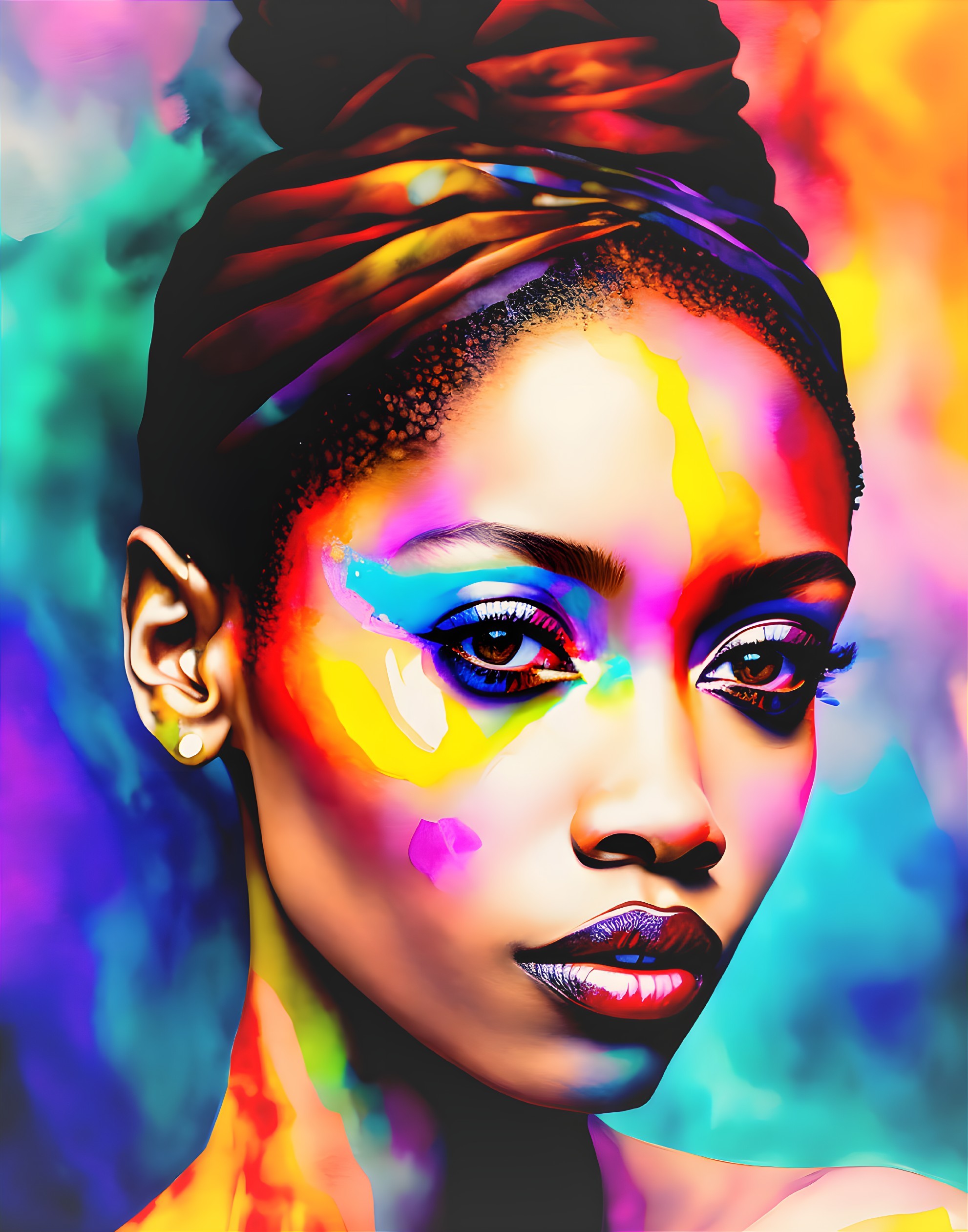 Colorful makeup woman with headwrap on abstract background