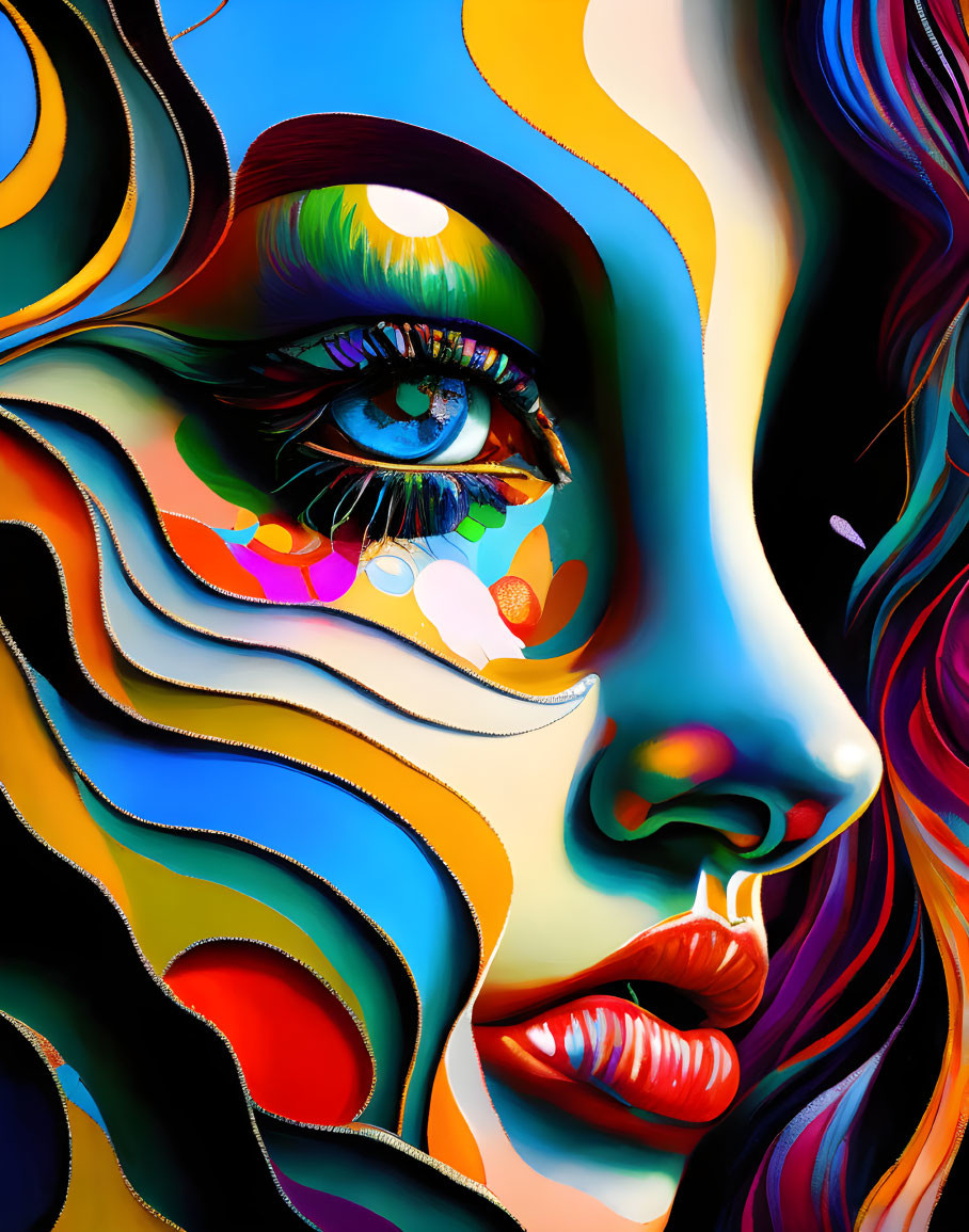 Colorful Swirling Patterns on Woman's Face in Digital Art