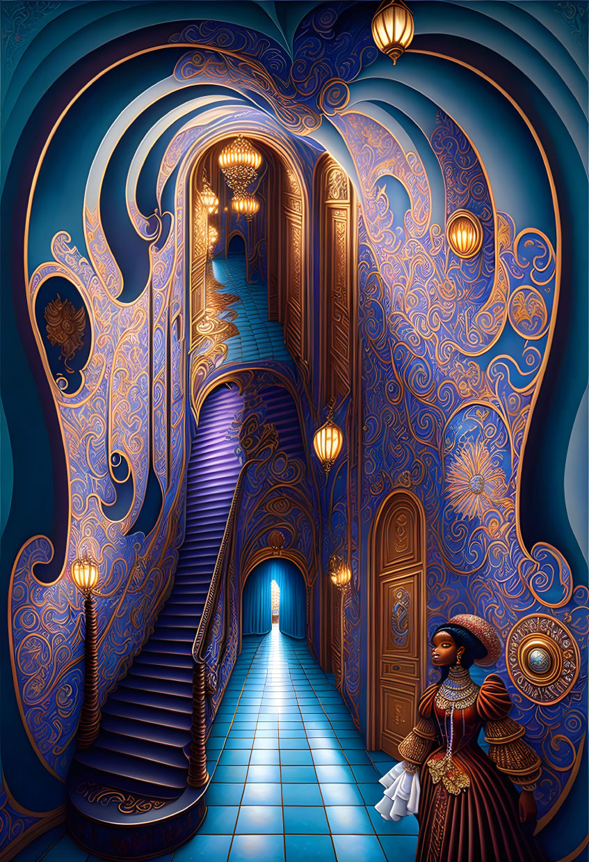 Intricate blue-patterned surreal staircase with glowing lanterns and figure in Victorian attire