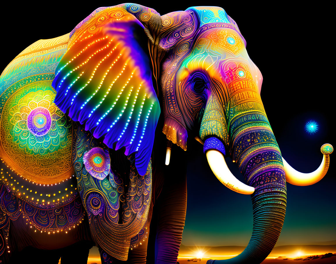 Colorful Psychedelic Elephant Artwork with Neon Patterns on Night Sky Background