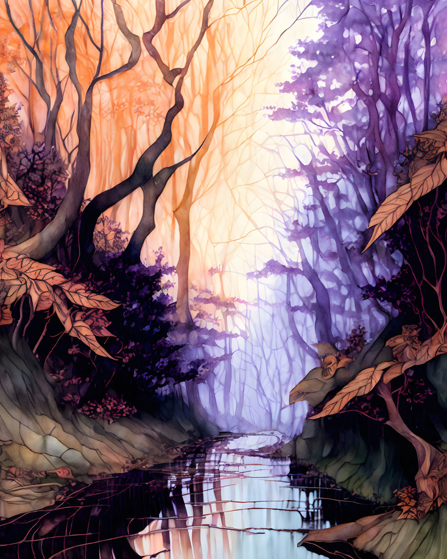 Colorful illustration of mystical forest stream with autumn trees