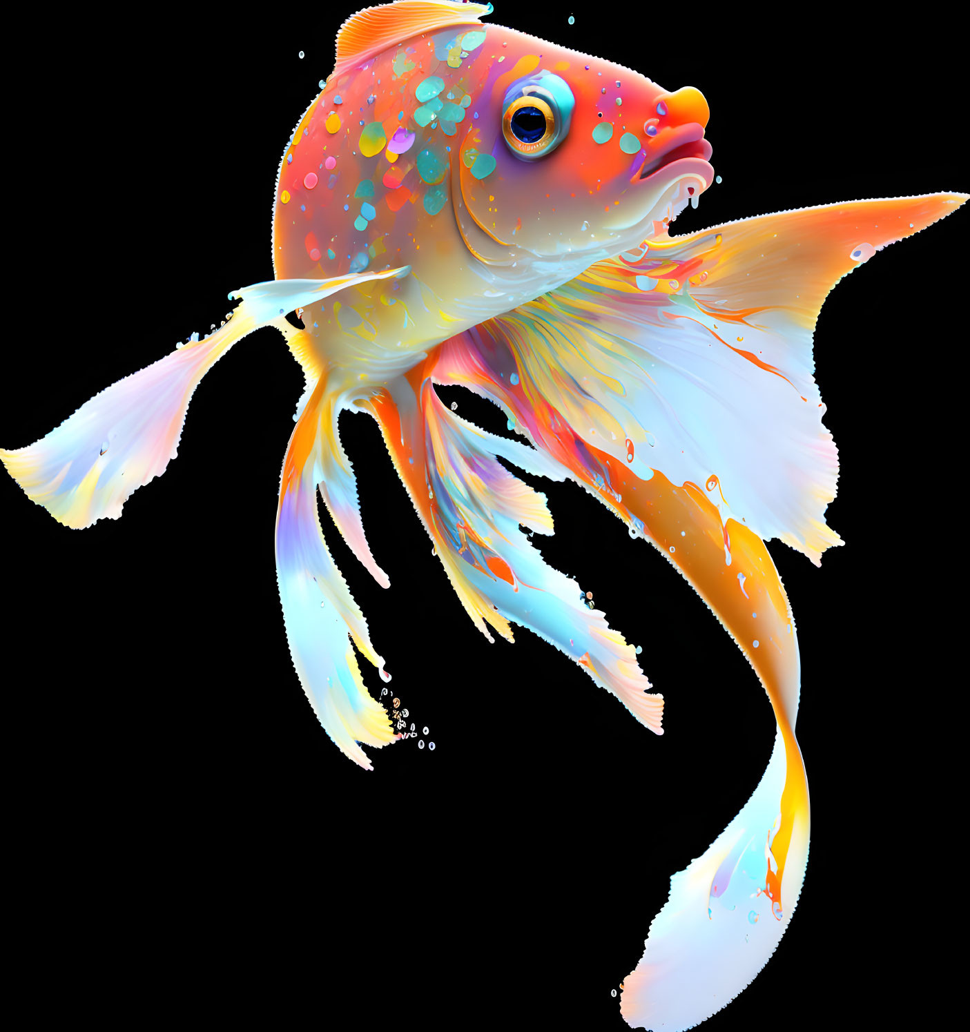 Colorful Goldfish Illustration with Intricate Patterns on Black Background