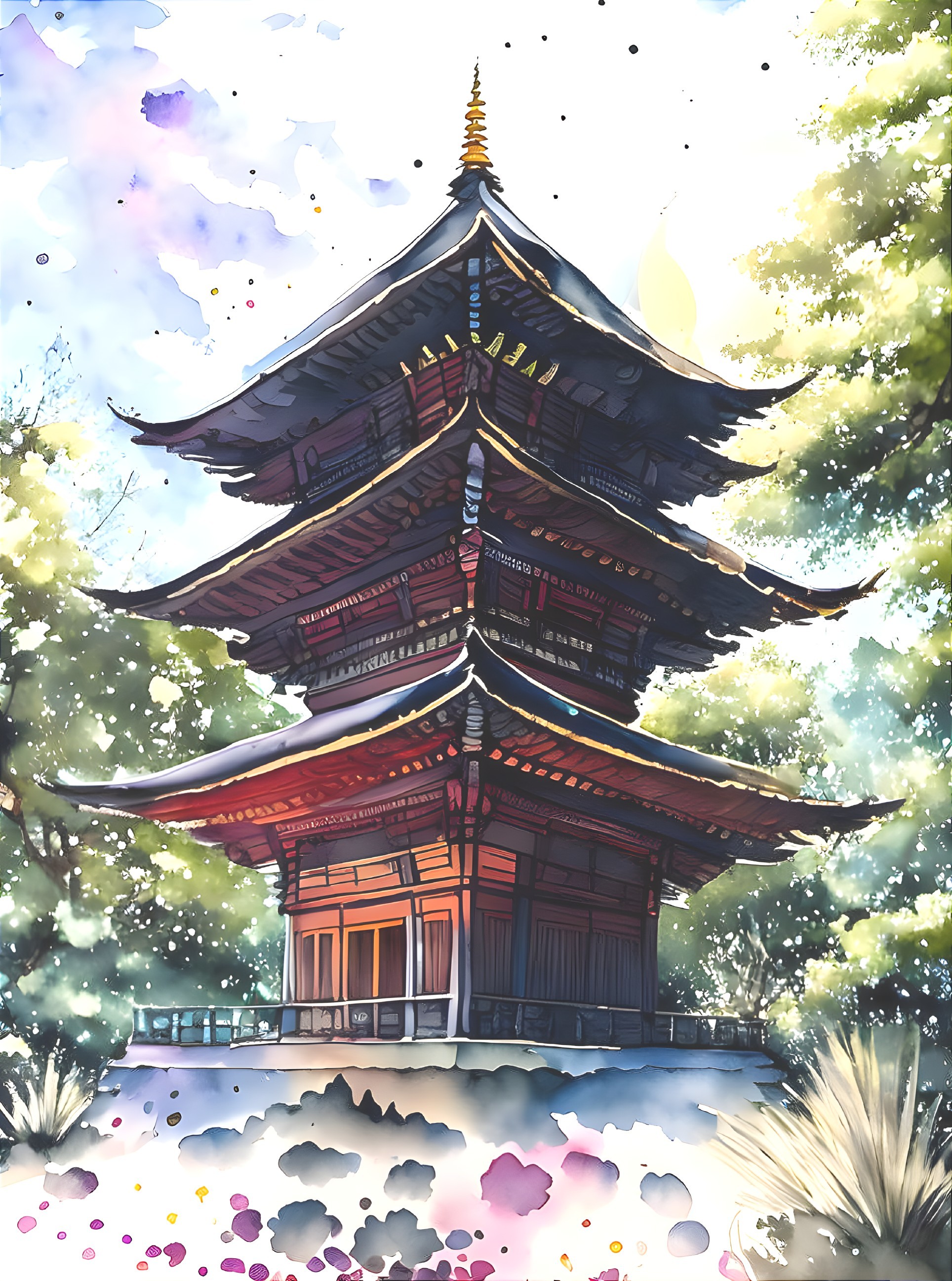 Traditional multi-tiered pagoda in snowy, sunlit sky with petals