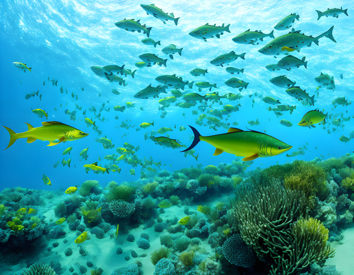 Colorful underwater scene with yellow and blue fish swimming over coral reef