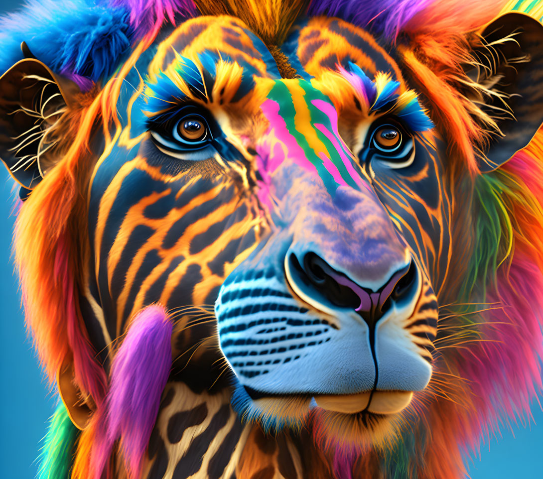 Vibrant lion digital art with zebra stripes and colorful streaks