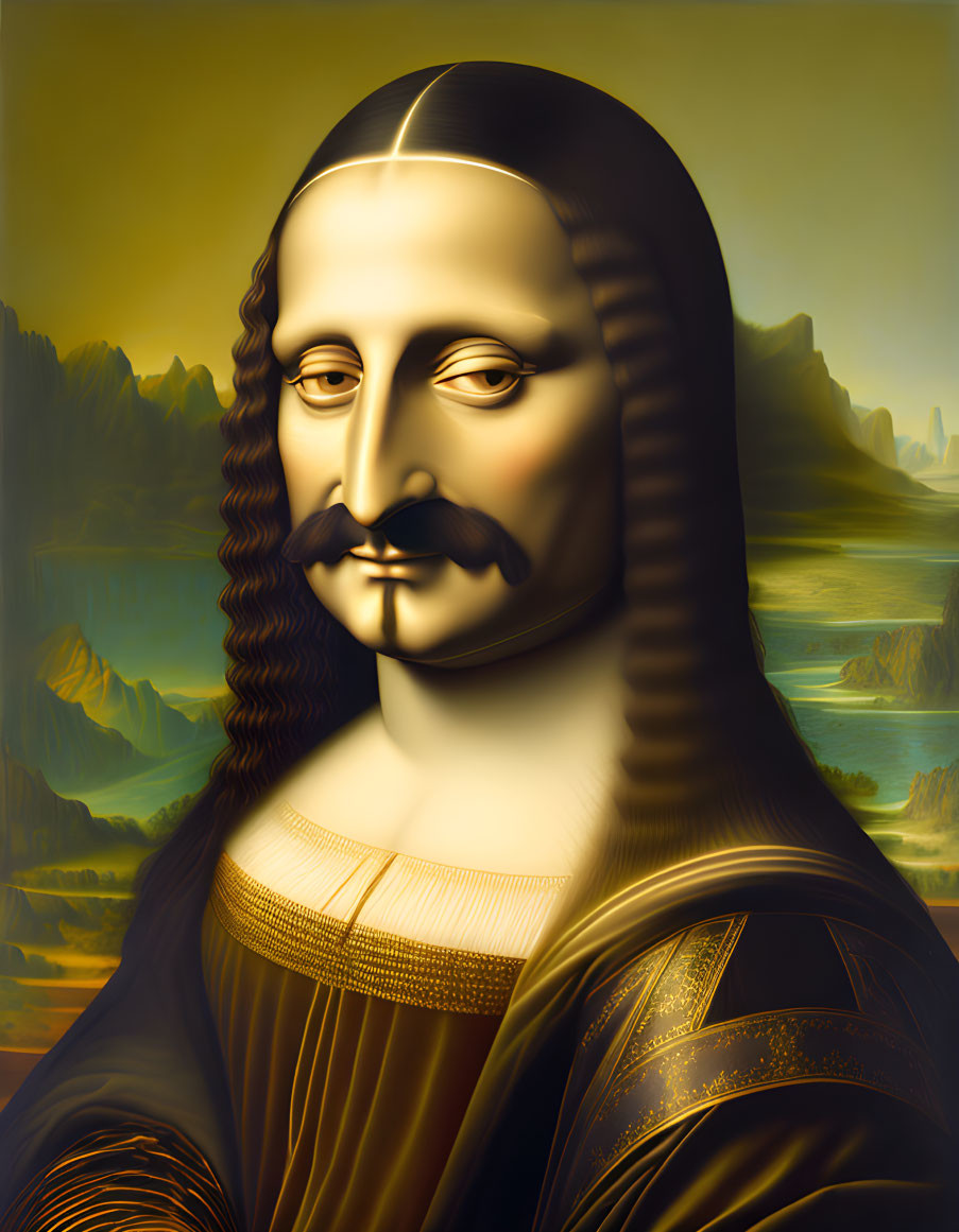 Stylized portrait blending Mona Lisa features with male persona in surreal landscape