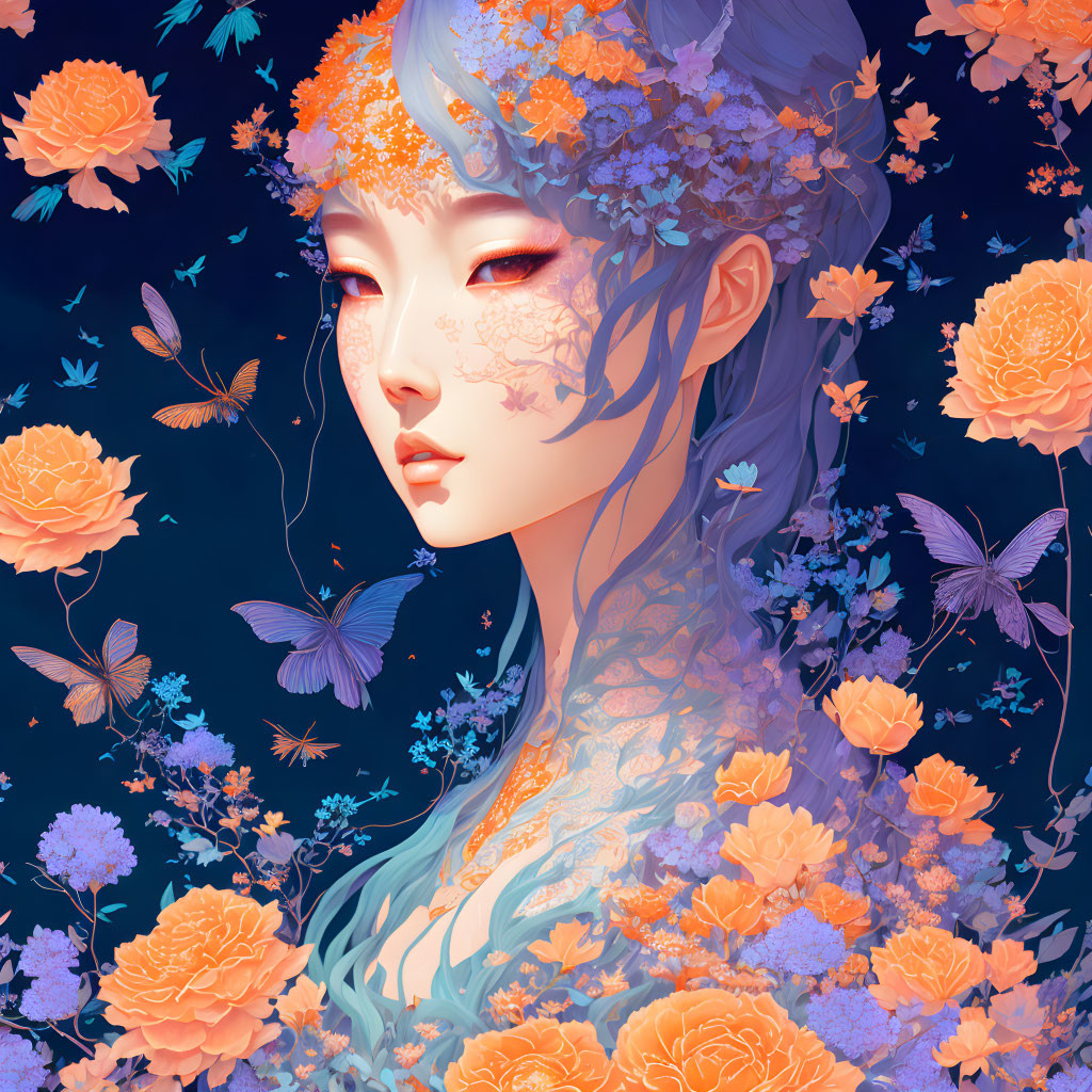 Woman with Blue Hair and Orange Flowers, Butterflies on Dark Blue Background