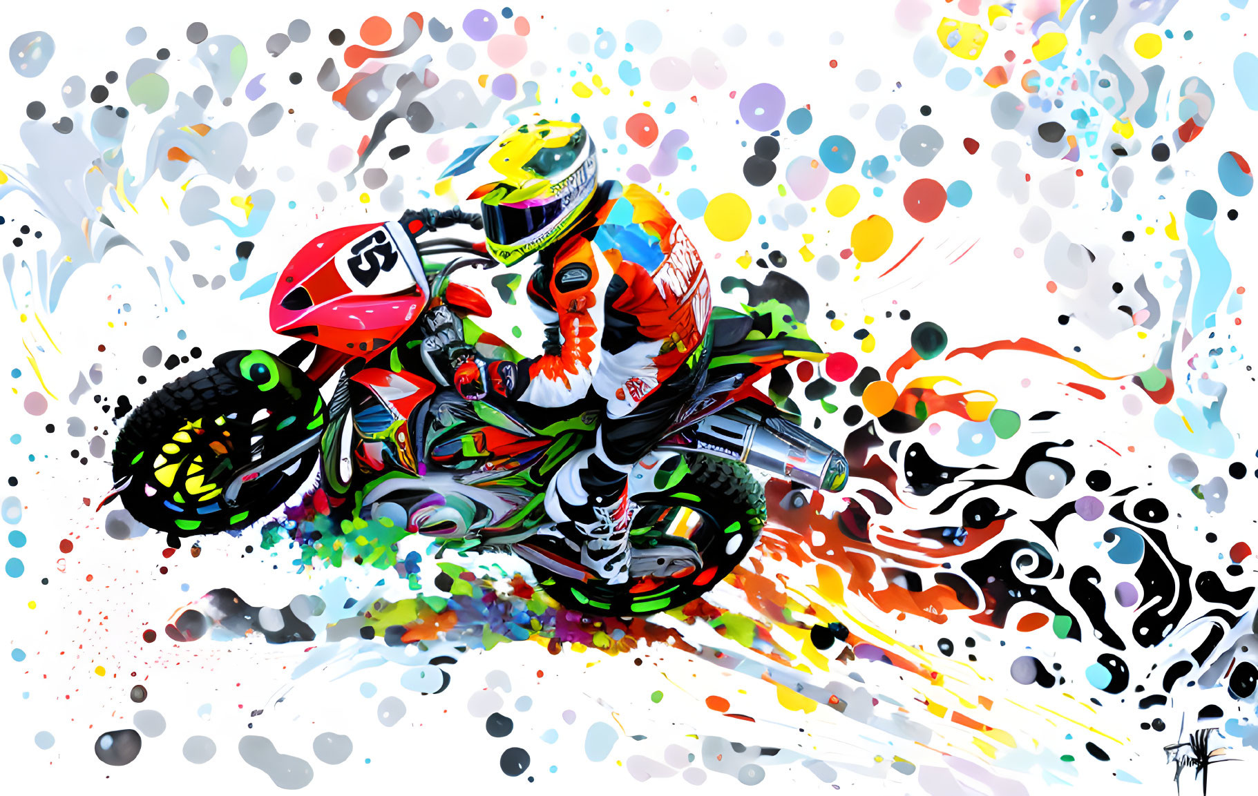 Colorful Motocross Rider Illustration with Abstract Patterns