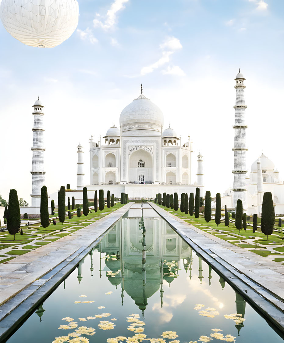 Ivory-White Marble Mausoleum Reflecting in Water with Manicured Gardens