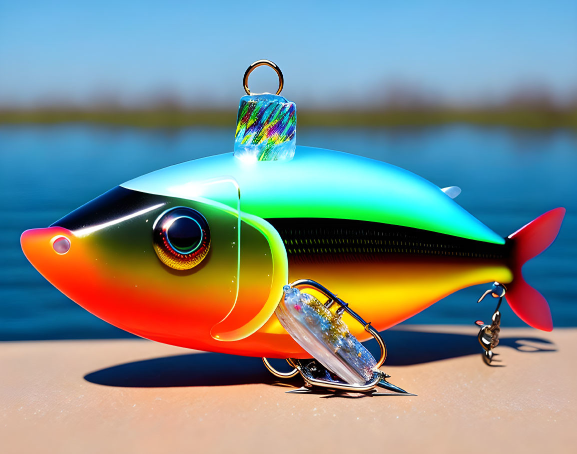 Colorful Fish-Shaped Fishing Lure with Treble Hooks on Blue Water