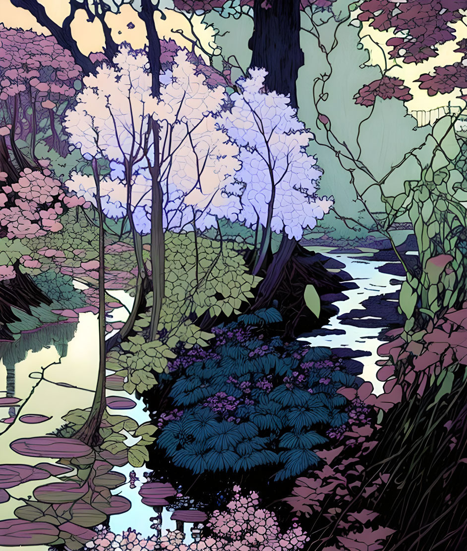 Whimsical forest illustration with purple and pink trees by a stream